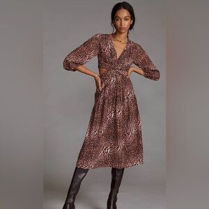 ANTHROPOLOGIE Ranna Gill Leopard Print Midi Dress Puffed Sleeves Size Medium